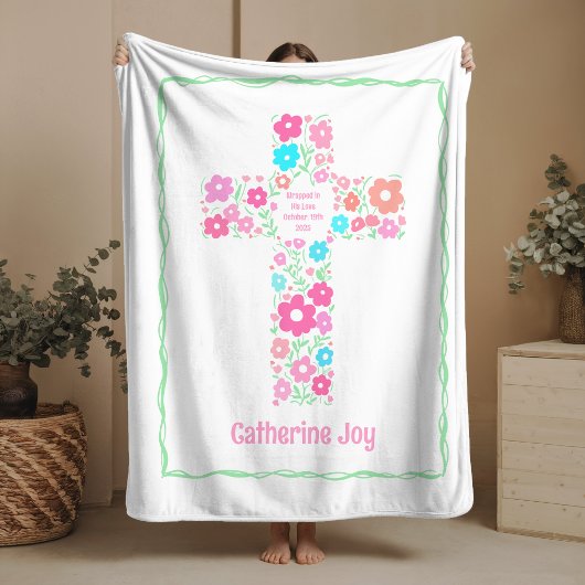 Floral Cross Baptism Baby Blanket Christening Gift Fleece Deken