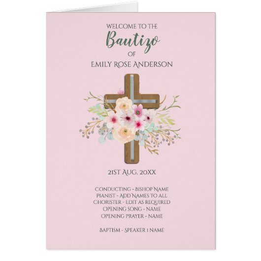 Floral Cross BAUTIZO Bautismo Baptism Programme (Voorkant)