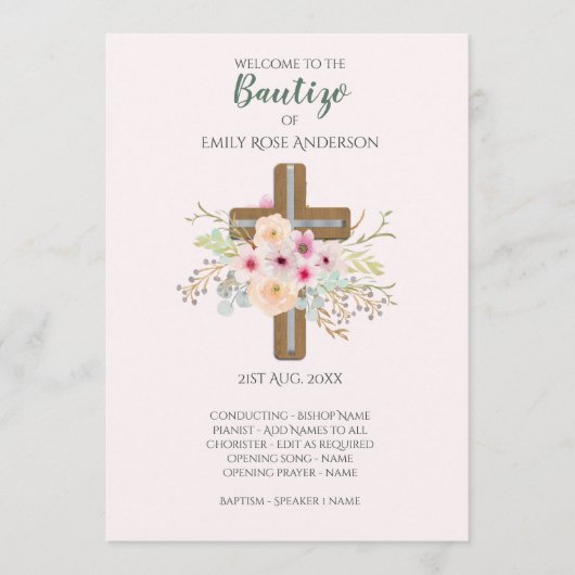 Floral Cross BAUTIZO Bautismo Baptism Programme Programmakaart (Voorkant)