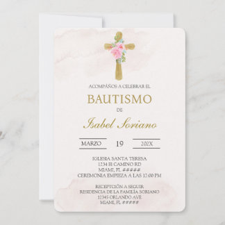 Floral cross beige Spanish baptism Kaart