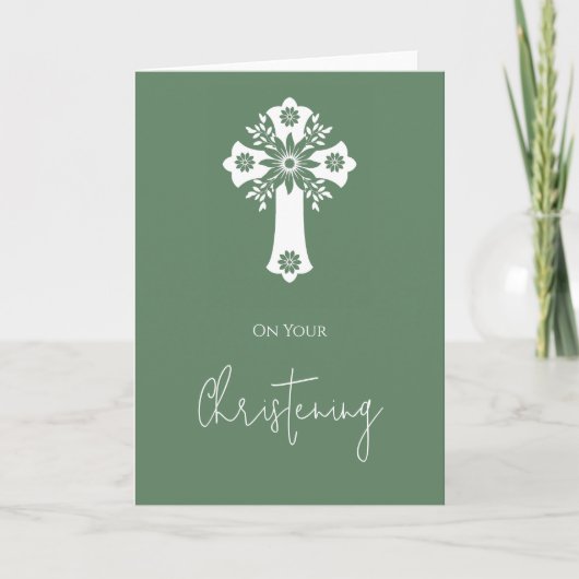 Floral Cross Card Christening Fern Green Kaart (Voorkant)