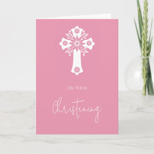 Floral Cross Card Christening Rose Pink Kaart (Voorkant)
