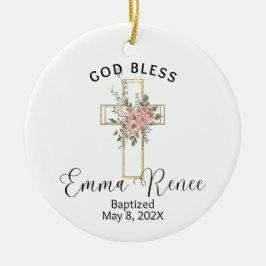 Floral Cross Elegant Gepersonaliseerd Doop Meisje Keramisch Ornament