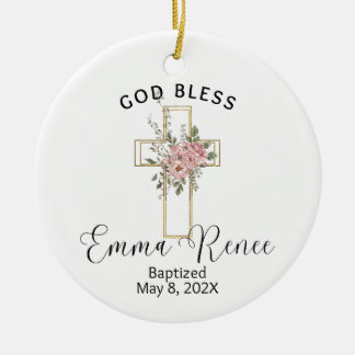 Floral Cross Elegant Gepersonaliseerd Doop Meisje Keramisch Ornament