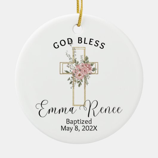 Floral Cross Elegant Gepersonaliseerd Doop Meisje Keramisch Ornament (Voorkant)