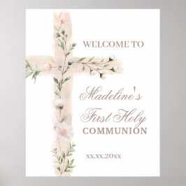 floral cross First Communion welcome sign Poster