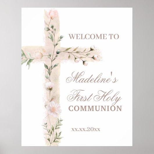 floral cross First Communion welcome sign Poster (Voorkant)