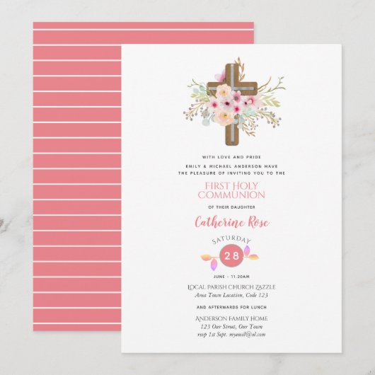 Floral Cross First Heilige Communauté Invitation G Kaart (Voorkant / Achterkant)