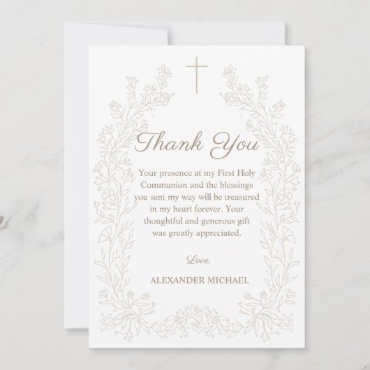 Floral Cross First Holy Communion Bedankkaart (Voorkant)