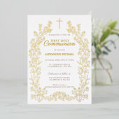 Floral Cross First Holy Communion Religious Folie Uitnodiging (Staand Voorkant)