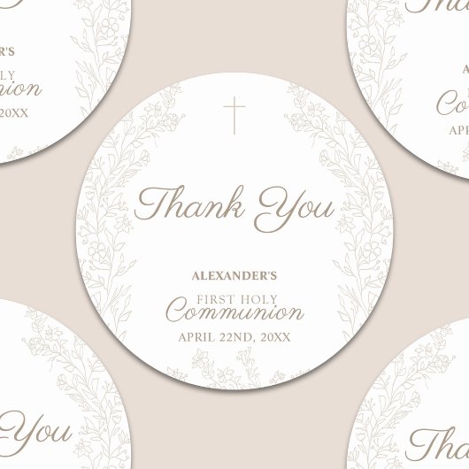 Floral Cross First Holy Communion Thank You Ronde Sticker