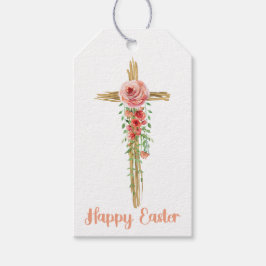 Floral Cross, Happy Pasen, Religieuze Cadeaulabel