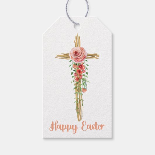 Floral Cross, Happy Pasen, Religieuze Cadeaulabel (Voorkant)