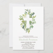 Floral Cross Leaves Dotted First Heilige Communie Kaart (Voorkant)