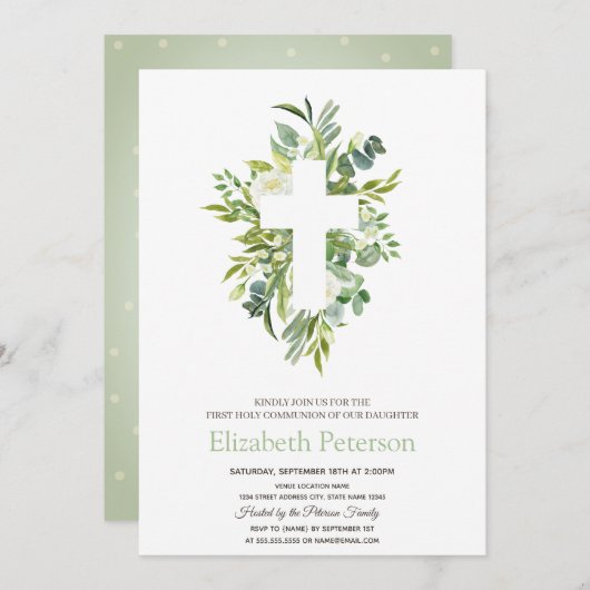 Floral Cross Leaves Dotted First Heilige Communie Kaart (Voorkant / Achterkant)