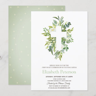 Floral Cross Leaves Dotted First Heilige Communie Kaart
