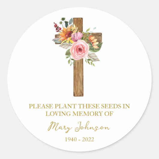 Floral Cross Memorial Funeral Seed Packet Ronde Sticker (Voorkant)