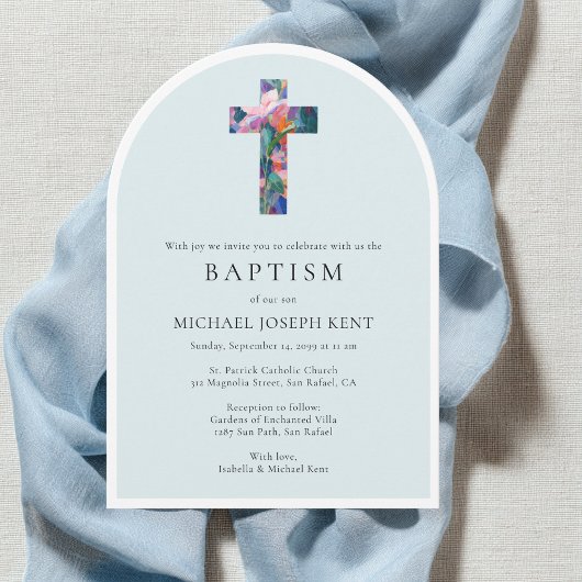 Floral Cross Modern Catholic Custom Photo Baptism Kaart