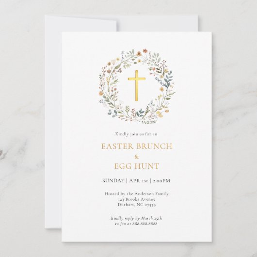 Floral Cross Pasen brunch & eieren jacht uitnodigi Kaart (Voorkant)