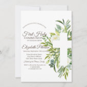 Floral Cross Polka Dots First Heilige Communie Kaart (Voorkant)