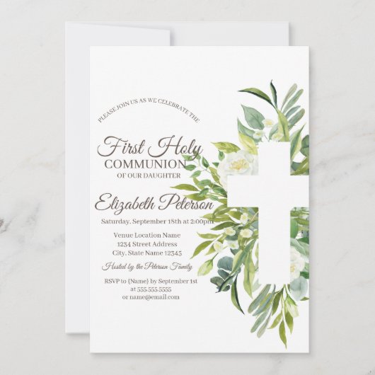 Floral Cross Polka Dots First Heilige Communie Kaart (Voorkant)