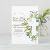 Floral Cross Polka Dots First Heilige Communie Kaart (Staand voorkant)