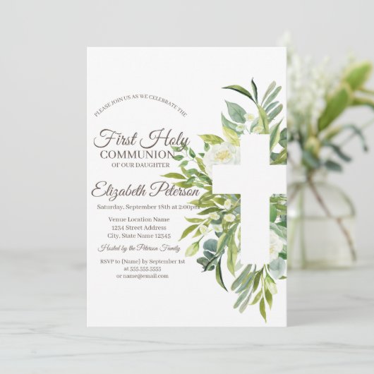 Floral Cross Polka Dots First Heilige Communie Kaart (Staand voorkant)
