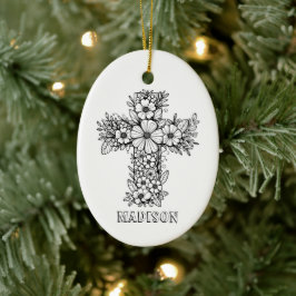Floral Cross Religious Creëer Uw eigen aandenken Keramisch Ornament