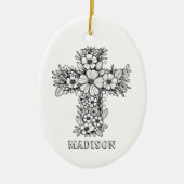 Floral Cross Religious Creëer Uw eigen aandenken Keramisch Ornament (Voorkant)