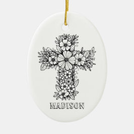 Floral Cross Religious Creëer Uw eigen aandenken Keramisch Ornament