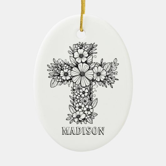 Floral Cross Religious Creëer Uw eigen aandenken Keramisch Ornament (Voorkant)