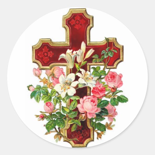 Floral Cross Ronde Sticker (Voorkant)