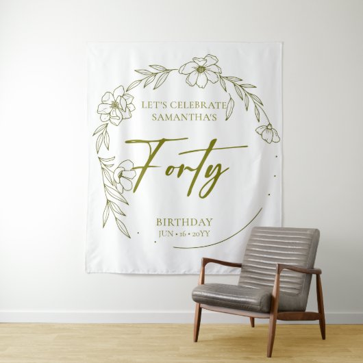 Floral Crown 40th Birthday Party Backdrop Tapestry Wandkleed (In situ)