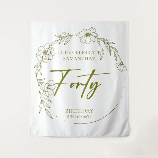 Floral Crown 40th Birthday Party Backdrop Tapestry Wandkleed (Voorkant)