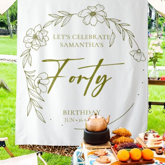 Floral Crown 40th Birthday Party Backdrop Tapestry Wandkleed