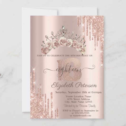 Floral Crown Glitter Drips Rose Gold 18th  Kaart (Voorkant)