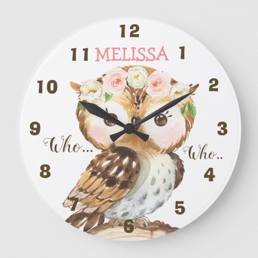Floral Crown Owl Nursery Wall Clock Grote Klok (Voorkant)