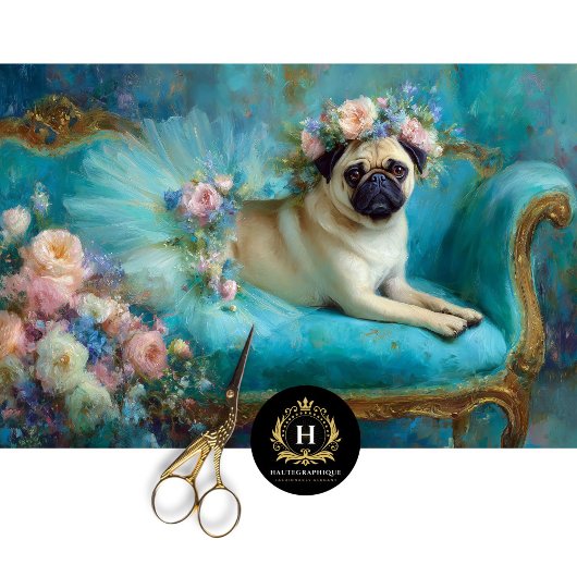 Floral Crown Pug in Ballerina Tutu Decoupage Tissuepapier
