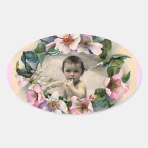 FLORAL CROWN, WILDE ROZEN BABY SHOWER FOTO-TEMPLAT OVALE STICKER