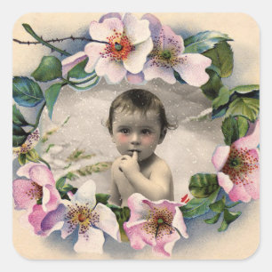 FLORAL CROWN, WILDE ROZEN BABY SHOWER FOTO-TEMPLAT VIERKANTE STICKER