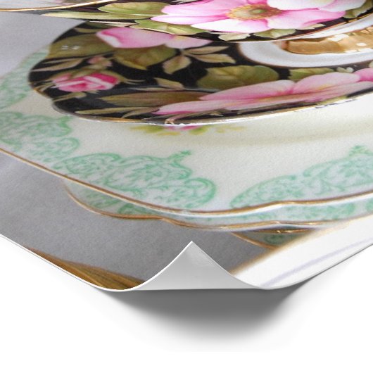 Floral Cup en saucer (roze, zwarte en goudbeker) Poster (Hoek)