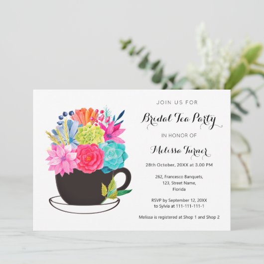 Floral Cup Waterverf Bridal Tea Party Kaart (Staand voorkant)