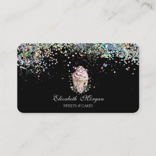 Floral Cupcake Colorful Confetti, Black  Visitekaartje (Voorkant)