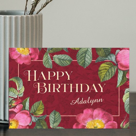 Floral Custom Name Foto Red Birthday Gift Kaart