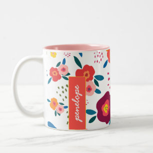 Floral Custom Name Pattern Coral Personalized Tweekleurige Koffiemok