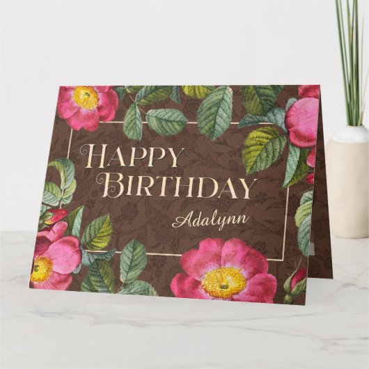 Floral Custom Name Photo Brown Birthday Gift Kaart (Voorkant)