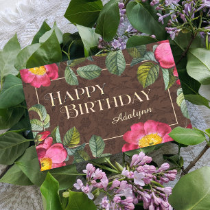 Floral Custom Name Photo Brown Birthday Gift Kaart