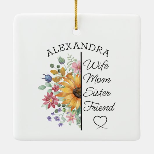 Floral Custom Name & Text Wife Mom Sister Friend  Keramisch Ornament (Achterkant)