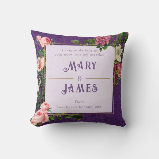 Floral Custom Text Wedding Jubileum Gift Violet Kussen (Voorkant)