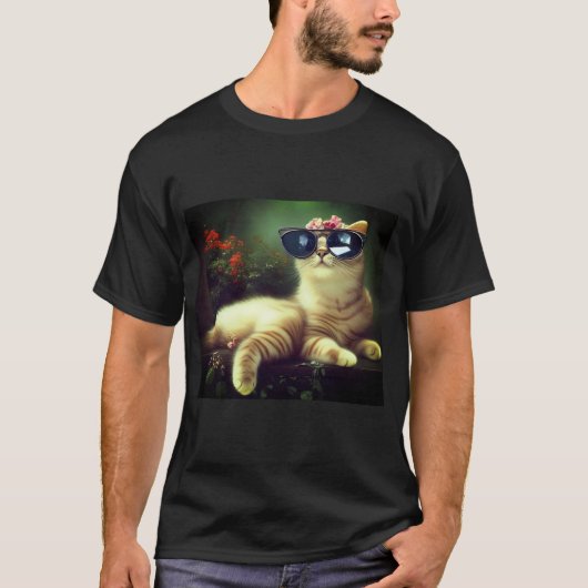 Floral Cute Cat met zonnebril T-shirt (Voorkant)